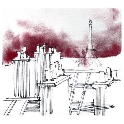 Gemälde Skyline sur Paris von Bailly Kévin  | Gemälde Figurativ Aquarell, Tinte Architektur, Urban