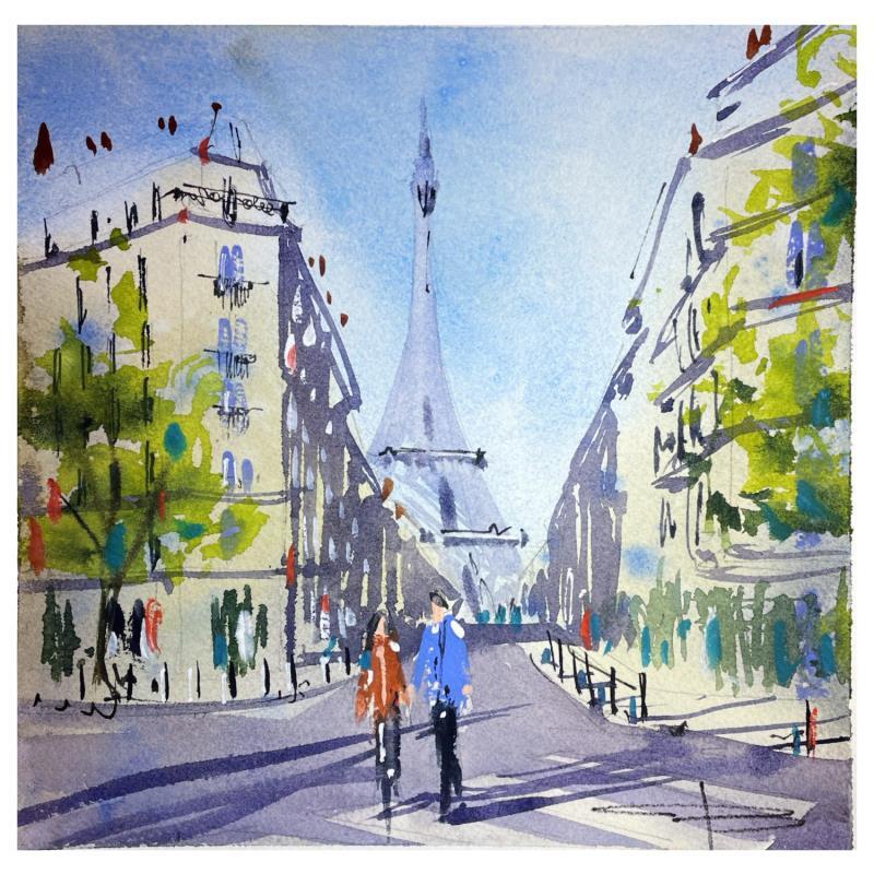 Gemälde Marche vers la Tour Eiffel von Bailly Kévin  | Gemälde Figurativ Aquarell, Tinte Architektur, Pop-Ikonen, Urban