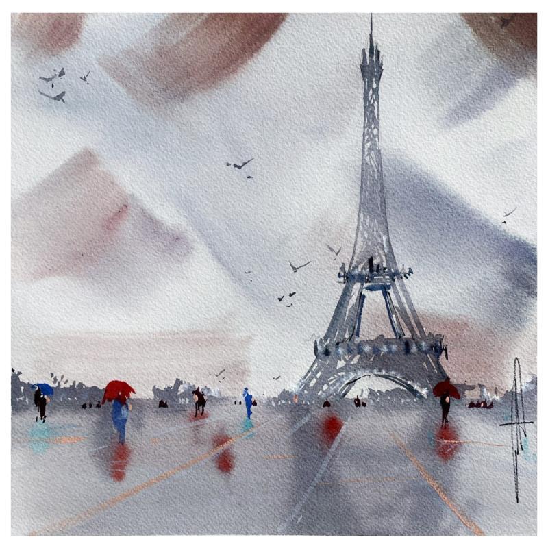Painting Place du Trocadéro by Bailly Kévin  | Painting Figurative Ink, Watercolor Architecture, Urban