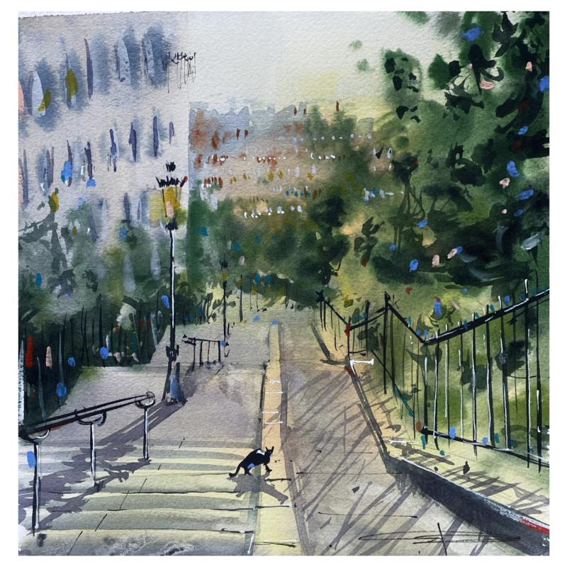 Peinture Les marches de Montmartre par Bailly Kévin  | Tableau Figuratif Urbain Architecture Aquarelle Encre