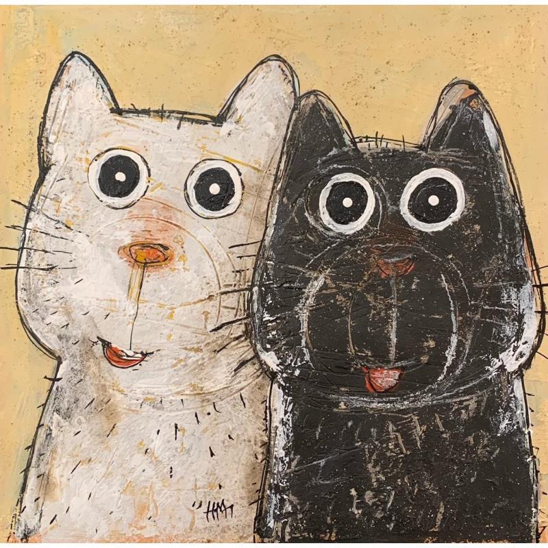 Painting Chat noir / Chat blanc by Maury Hervé | Painting Raw art Animals