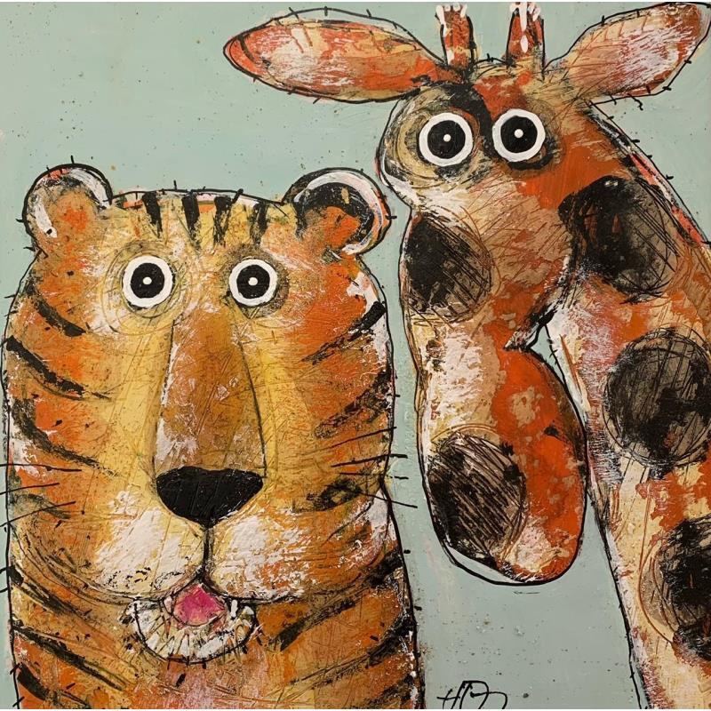 Painting Girafe et tigre by Maury Hervé | Painting Raw art Animals