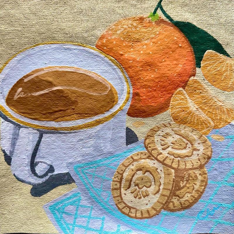 Peinture Tasse, Clémentine & biscuits par Castillon Camille | Tableau Art naïf Acrylique Minimaliste, Natures mortes, Scènes de vie