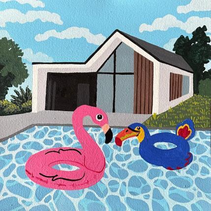 Painting Flamand rose et Toucan by Castillon Camille | Painting Figurative Acrylic Architecture, Landscapes, Life style