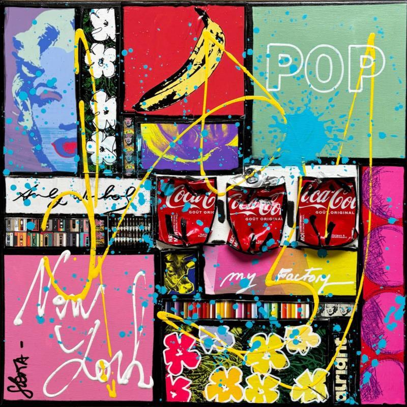 Gemälde POP NY (WARHOL) von Costa Sophie | Gemälde Pop-Art Pop-Ikonen Acryl Collage Upcycling