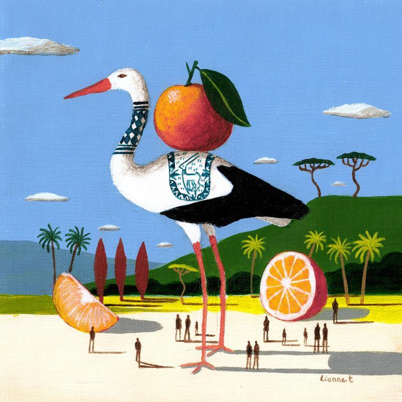 Painting Cigogne aux oranges by Lionnet Pascal | Painting Surrealism Acrylic Animals, Life style, Pop icons, Still-life