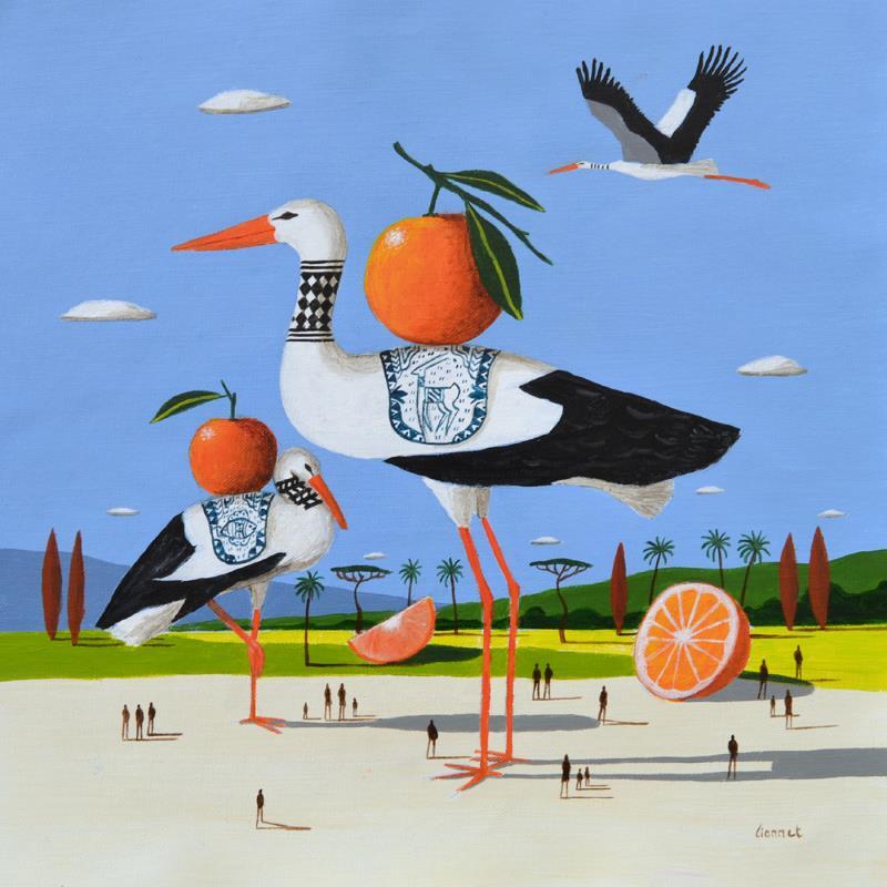 Painting Cigognes aux oranges by Lionnet Pascal | Painting Surrealism Acrylic Animals, Landscapes, Life style