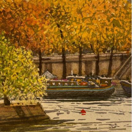 Peinture Paris péniche sur la Seine par Decoudun Jean charles | Tableau Figuratif Aquarelle Urbain
