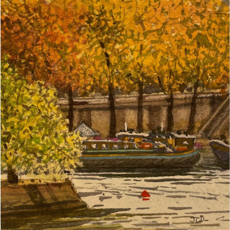 Peinture Paris péniche sur la Seine par Decoudun Jean charles | Tableau Figuratif Urbain Aquarelle