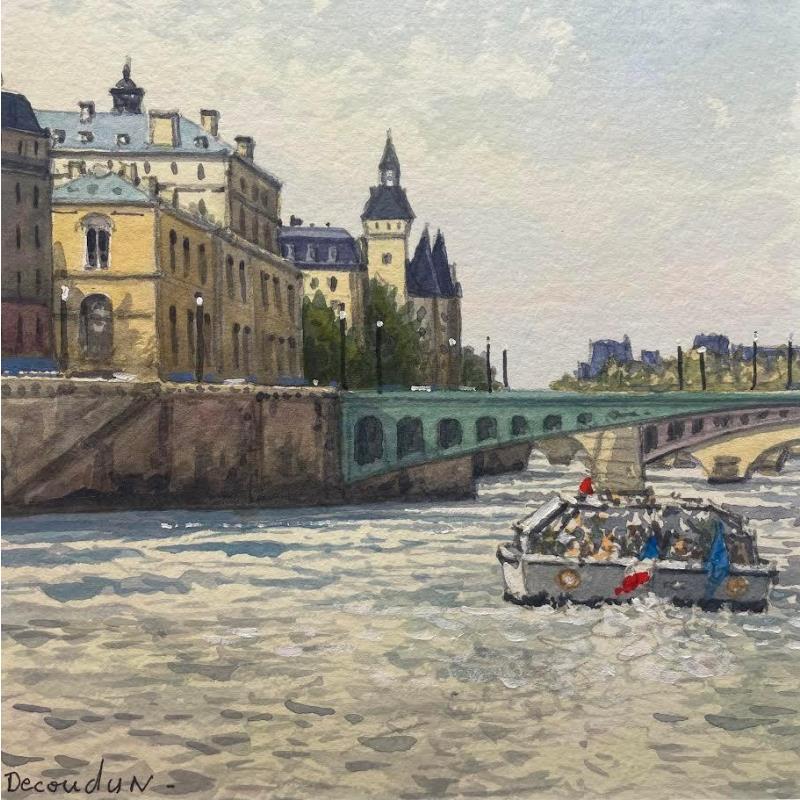 Peinture Paris la Seine les bateaux mouches par Decoudun Jean charles | Tableau Figuratif Urbain Aquarelle