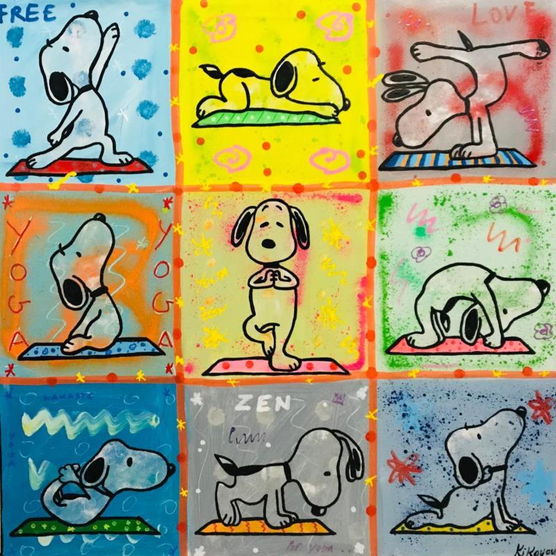 Painting Snoopy yoga by 9 by Kikayou | Painting Pop-art Pop icons Graffiti Acrylic Gluing