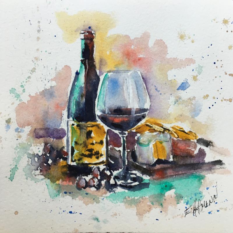 Painting Fromage et vin rouge by Hoffmann Elisabeth | Painting Figurative Watercolor Life style, Still-life