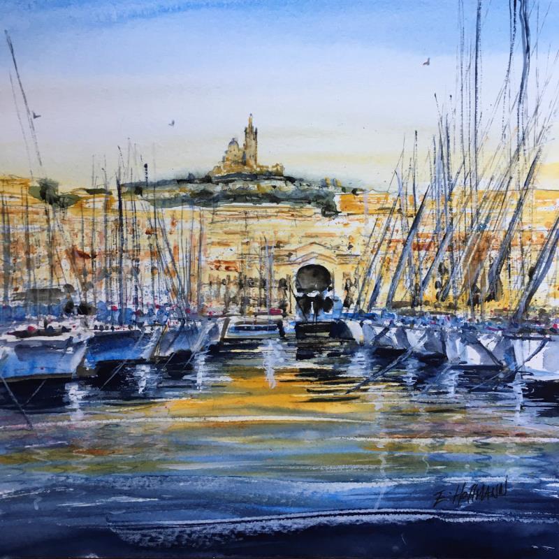 Gemälde  La basilique vue du port  von Hoffmann Elisabeth | Gemälde Figurativ Urban Marine Aquarell