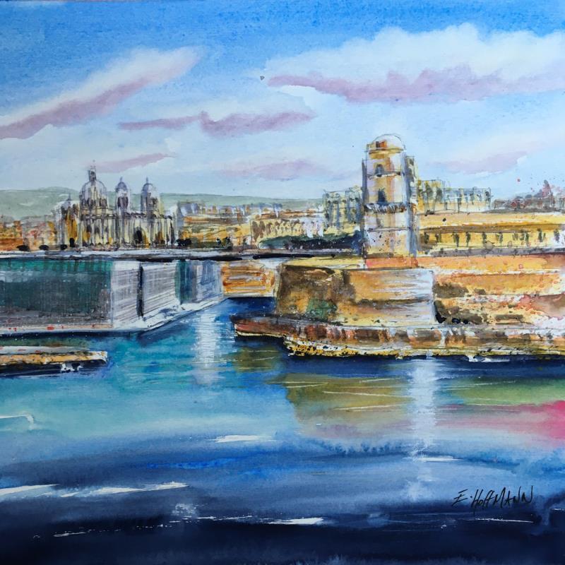 Painting  Fort St Jean à Marseille  by Hoffmann Elisabeth | Painting Figurative Urban Marine Watercolor