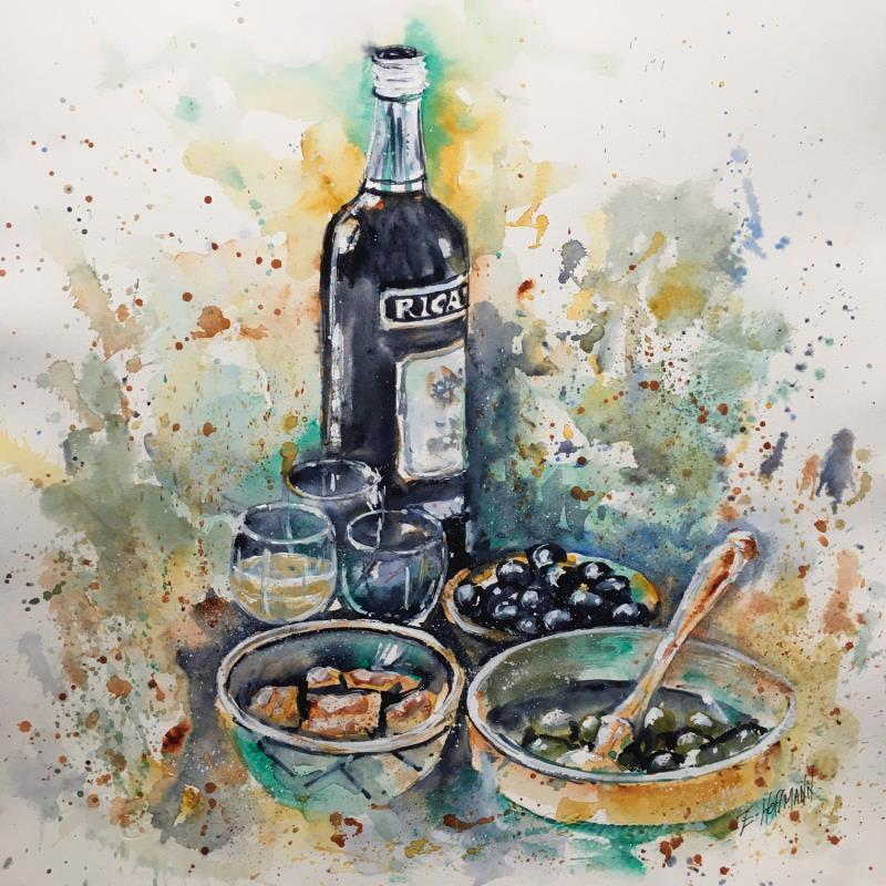 Painting  Apéro olives et Ricard by Hoffmann Elisabeth | Painting Figurative Watercolor Life style, Still-life