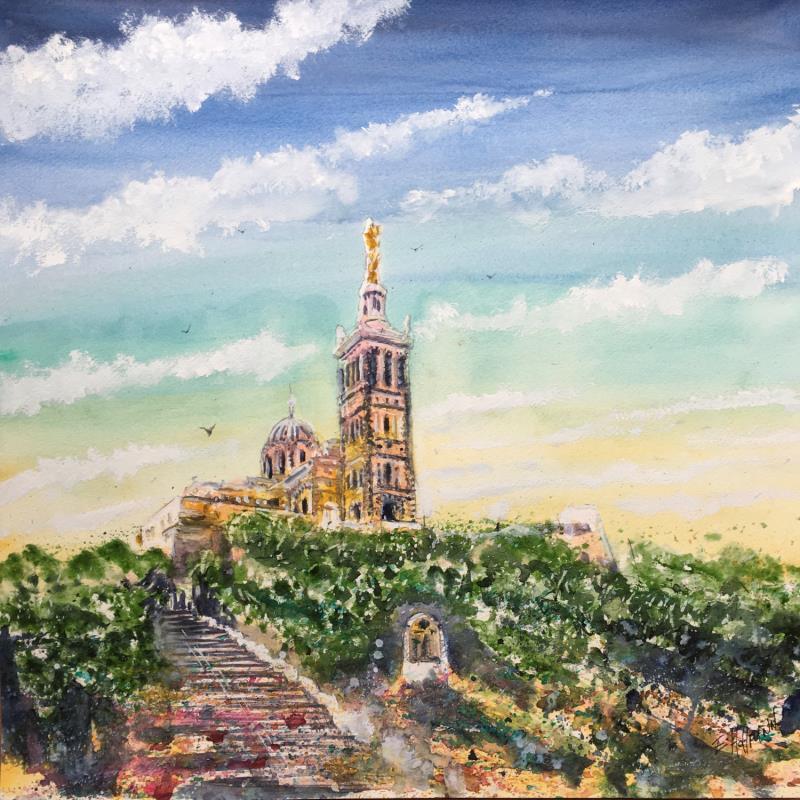 Painting  Contre plongée sur Notre Dame de la Garde  by Hoffmann Elisabeth | Painting Figurative Urban Watercolor
