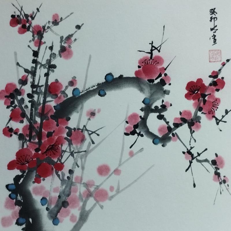 Peinture Red blossom par Du Mingxuan | Tableau Figuratif Paysages Nature Aquarelle Encre