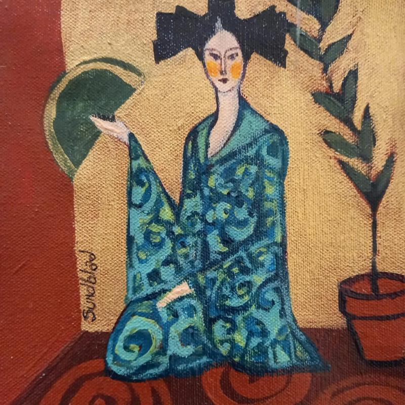 Painting Geisha in blues by Sundblad Silvina | Painting Figurative Acrylic, Pastel