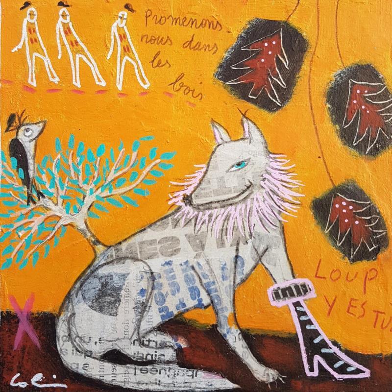 Peinture Promenons-nous dans les bois#2 par Colin Sylvie | Tableau Art Singulier Acrylique, Collage, Pastel Animaux