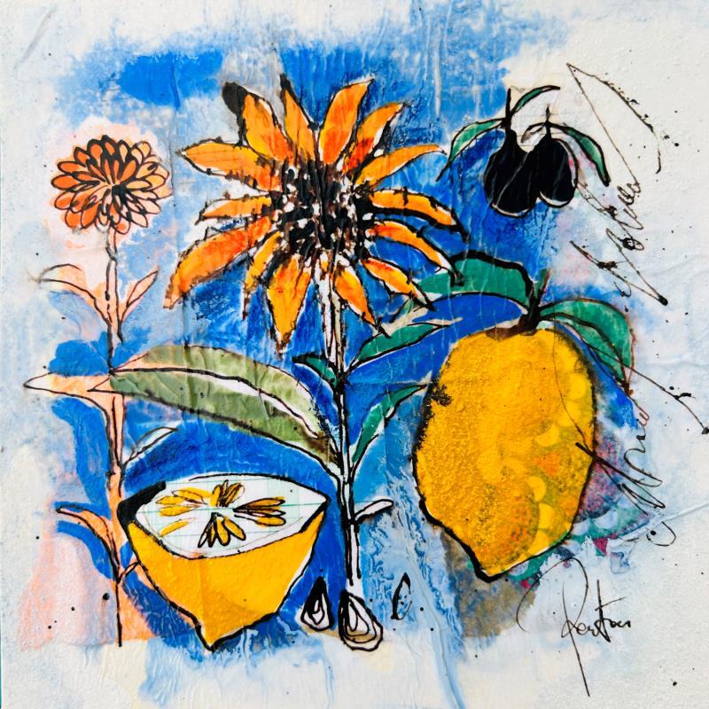 Peinture Citrons et tournesols par Colombo Cécile | Tableau Figuratif Natures mortes Aquarelle Acrylique Collage Encre Pastel