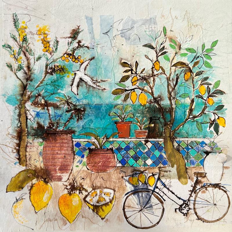 Gemälde Jardin sur mer von Colombo Cécile | Gemälde Figurativ Landschaften Natur Alltagsszenen Aquarell Holz Acryl Collage Tinte Pastell