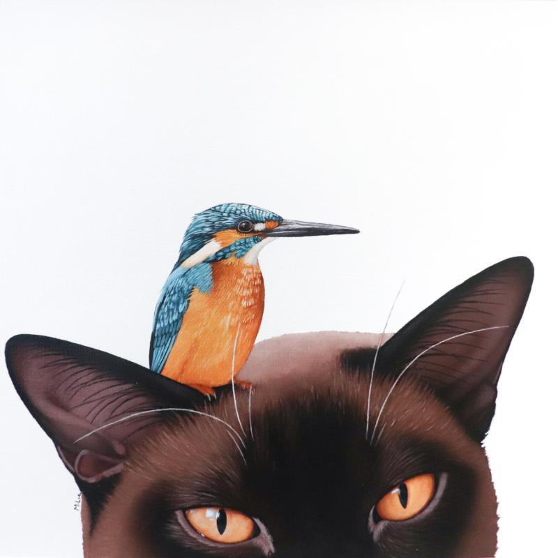 Gemälde BIRD AND CAT 10 von Milie Lairie | Gemälde Realismus Öl Natur, Porträt, Tiere