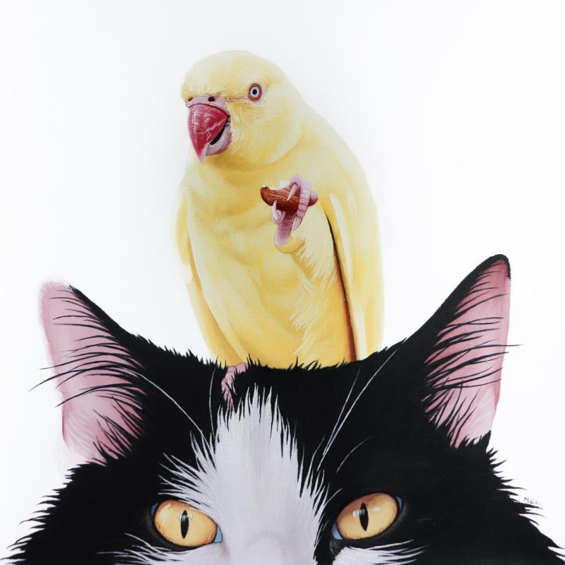 Painting BIRD AND CAT 11 by Milie Lairie | Painting Realism Portrait Nature Animals Oil