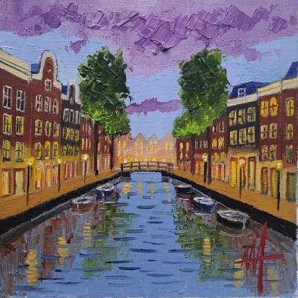 Peinture Amsterdam street lights par De Jong Marcel | Tableau Figuratif Huile Urbain