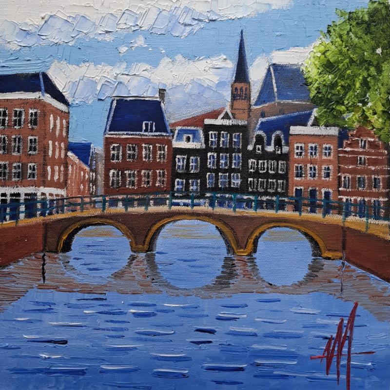 Peinture Leidse gracht bridge view par De Jong Marcel | Tableau Figuratif Urbain Huile