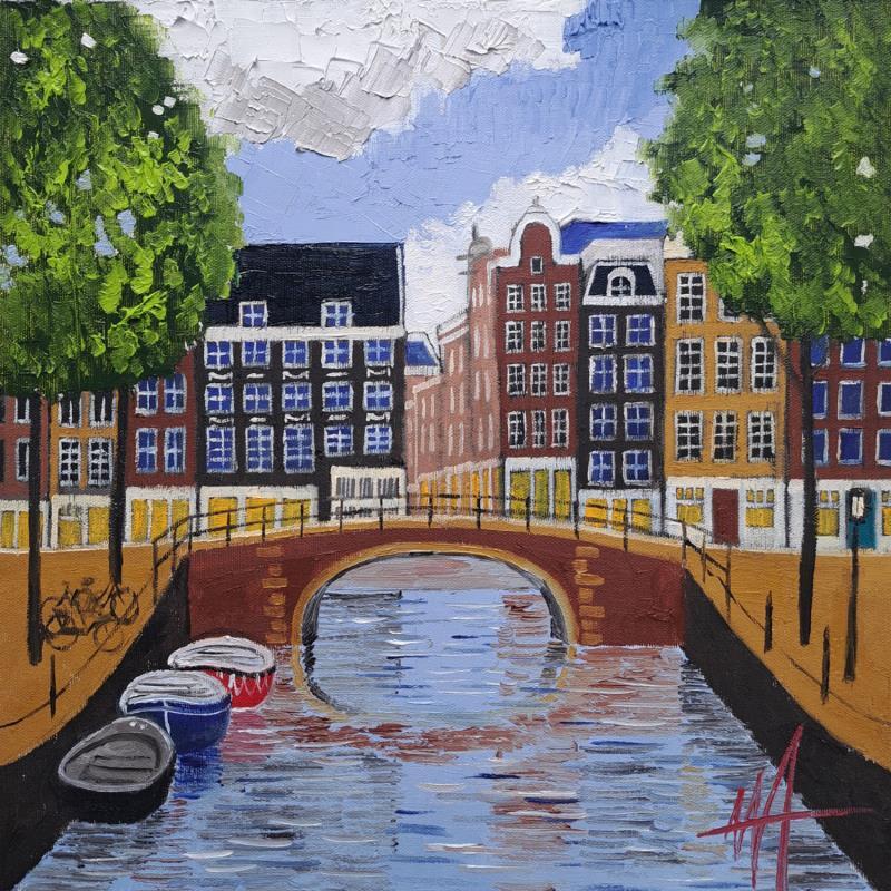 Painting Blauwburgwal, bridge view by De Jong Marcel | Painting Figurative Oil Urban