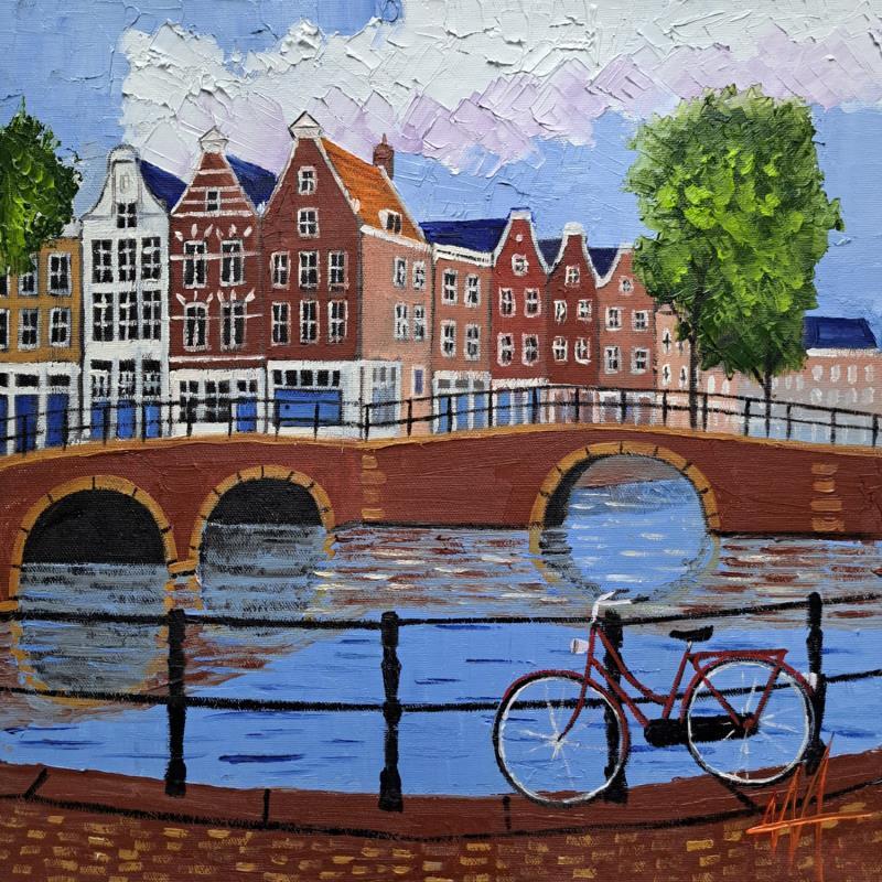 Peinture Leidse gracht, bridge view par De Jong Marcel | Tableau Figuratif Huile Urbain