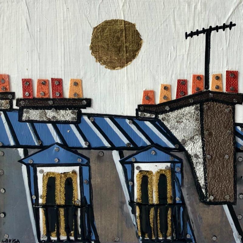 Gemälde Sous le ciel von Lovisa | Gemälde Figurativ Urban Holz Acryl Collage Posca Blattgold Upcycling