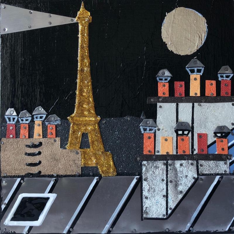 Painting Quand vient la nuit ! by Lovisa | Painting Figurative Urban Acrylic Gluing Posca Silver leaf Upcycling