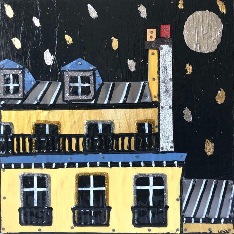 Peinture Tendre est la nuit par Lovisa | Tableau Figuratif Urbain Acrylique Collage Posca Feuille d'or Feuille d'argent Upcycling