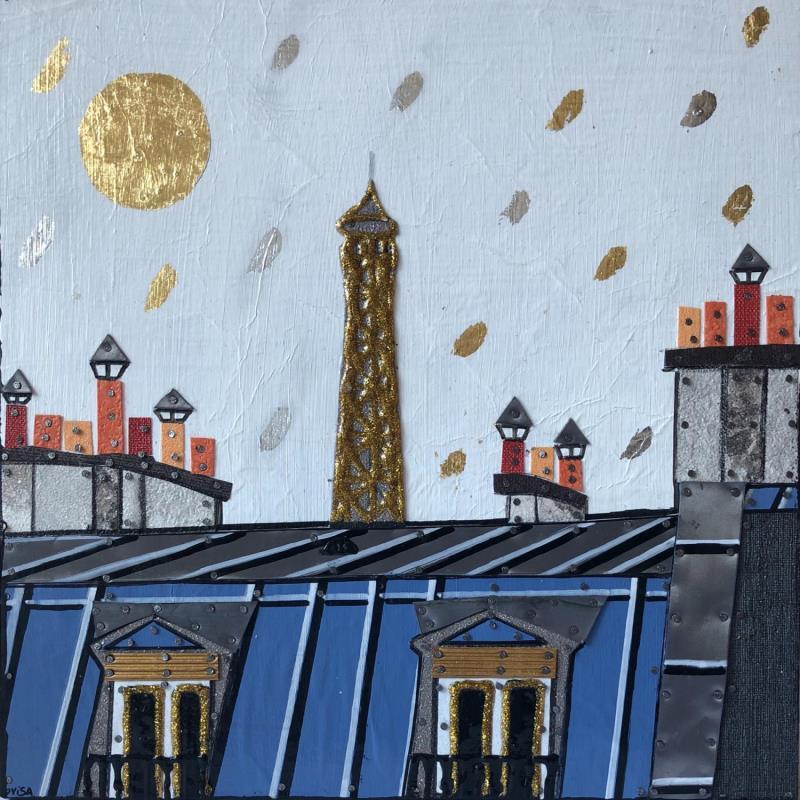 Painting Rêverie Parisienne by Lovisa | Painting Figurative Urban Wood Acrylic Gluing Posca Gold leaf Silver leaf Upcycling