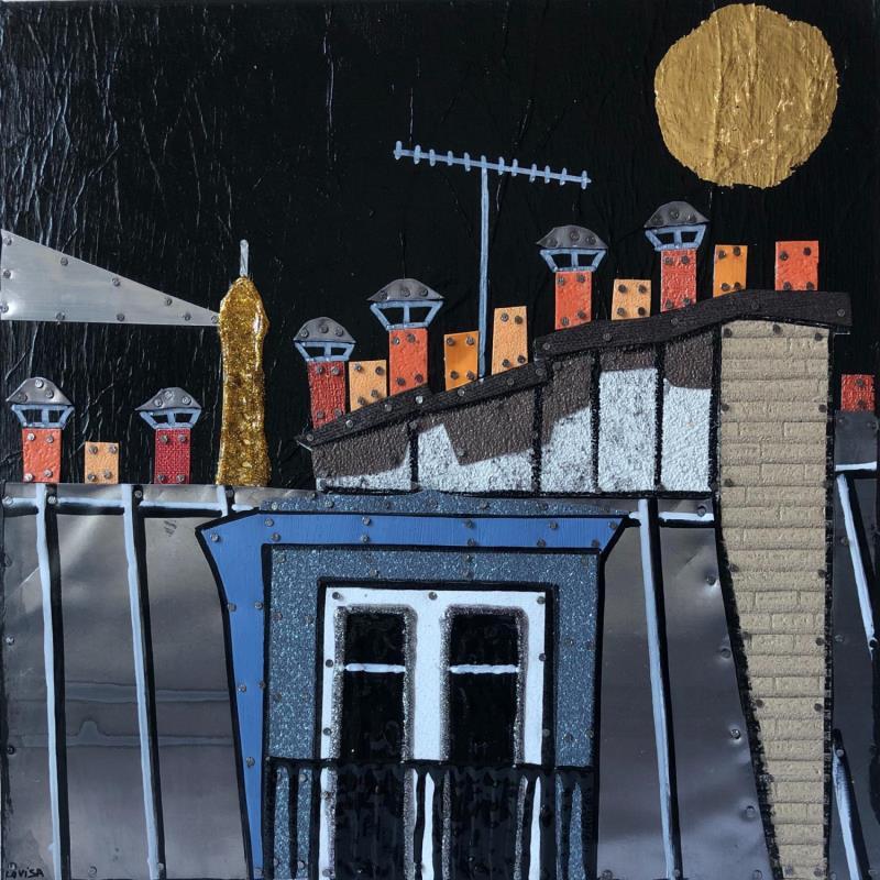 Gemälde La nuit nous appartient von Lovisa | Gemälde Figurativ Urban Holz Acryl Collage Posca Blattgold Upcycling