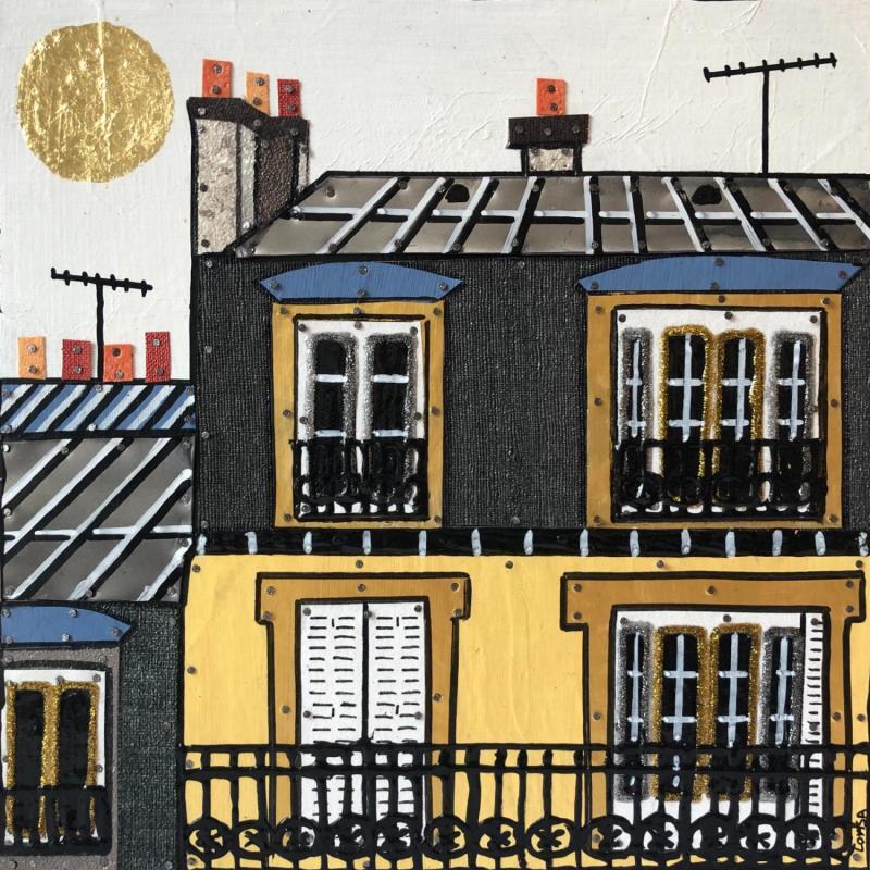 Painting Parisien by Lovisa | Painting Figurative Urban Acrylic Gluing Posca Gold leaf Upcycling