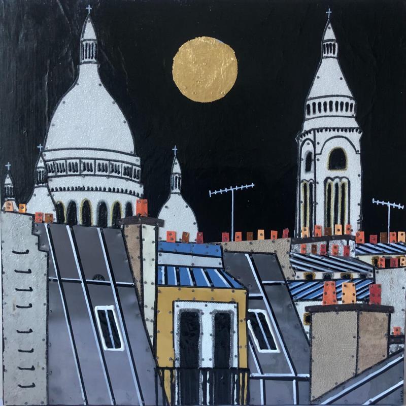 Painting Montmartre Addict by Lovisa | Painting Figurative Urban Acrylic Gluing Posca Gold leaf Upcycling