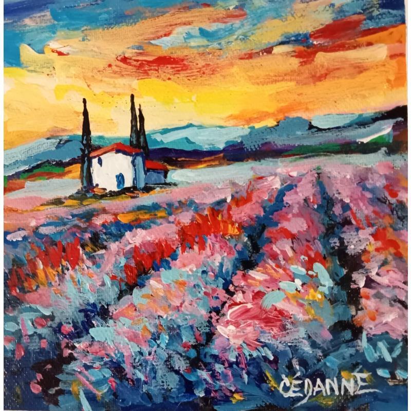 Painting Coucher de soleil sur le champ de lavande by Cédanne | Painting Figurative Landscapes Oil