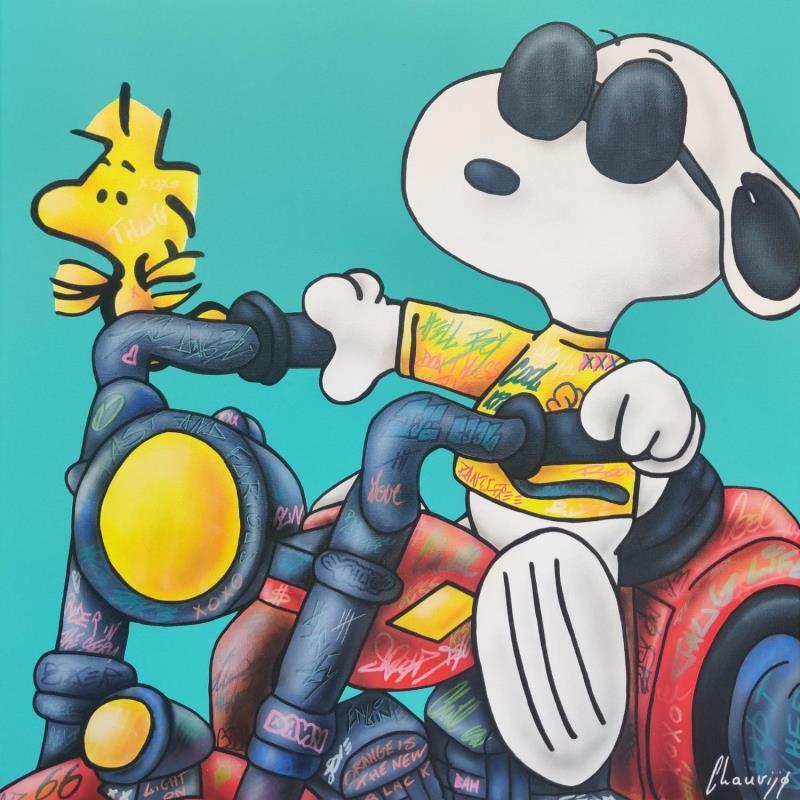 Painting Snoopy biker by Chauvijo | Painting Pop-art Urban Pop icons Graffiti Acrylic Posca Ink