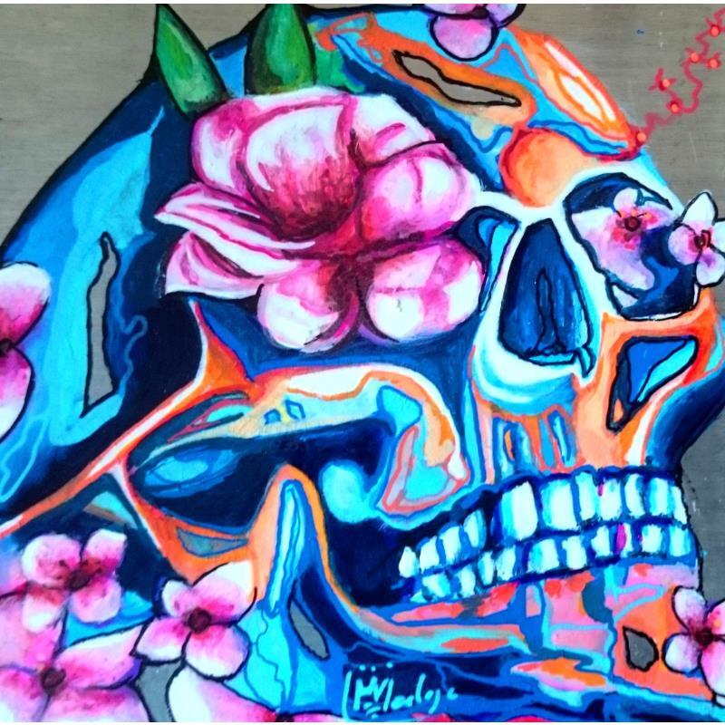 Gemälde Flowers skulls von Medeya Lemdiya | Gemälde Pop-Art Pop-Ikonen Metall Acryl