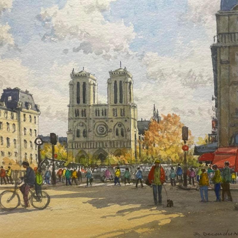 Peinture Paris Notre Dame vue de St michel par Decoudun Jean charles | Tableau Figuratif Urbain Aquarelle