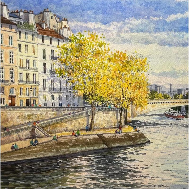 Gemälde Paris l'ile saint Louis von Decoudun Jean charles | Gemälde Figurativ Urban Aquarell