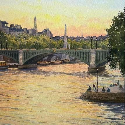 Peinture Paris le Pont Sully et la tour Eiffel par Decoudun Jean charles | Tableau Figuratif Aquarelle Urbain