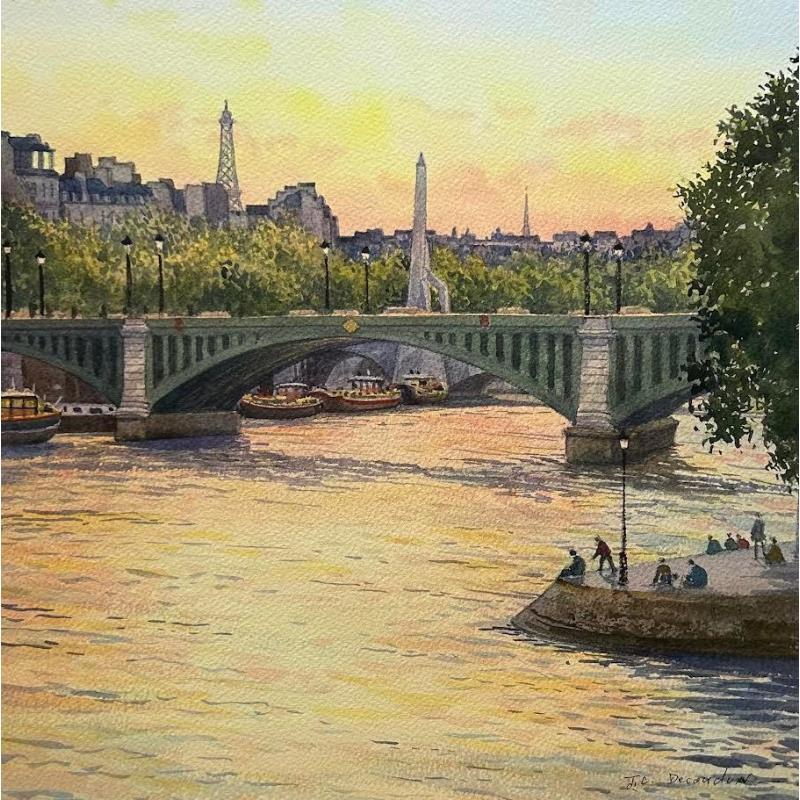 Peinture Paris le Pont Sully et la tour Eiffel par Decoudun Jean charles | Tableau Figuratif Urbain Aquarelle