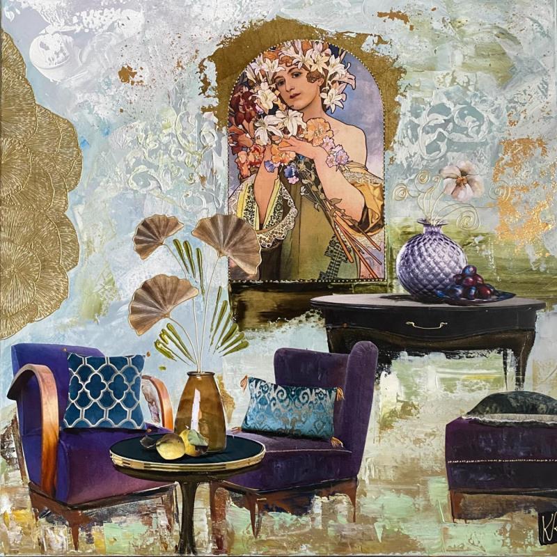 Gemälde Le salon pourpre von Romanelli Karine | Gemälde Figurativ Alltagsszenen Acryl Collage Posca Pastell Blattgold