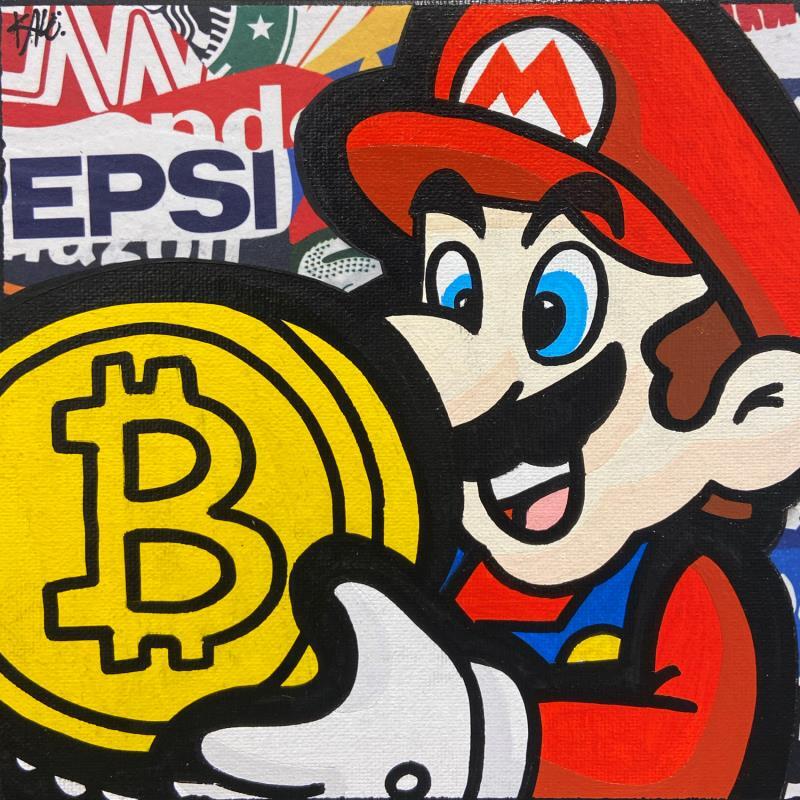 Gemälde Mario Bitcoin von Kalo | Gemälde Pop-Art Pop-Ikonen Graffiti Acryl Collage Posca