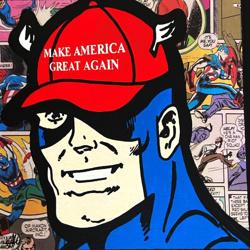 Gemälde Captain America Trump von Kalo | Gemälde Pop-Art Pop-Ikonen Graffiti Collage Posca