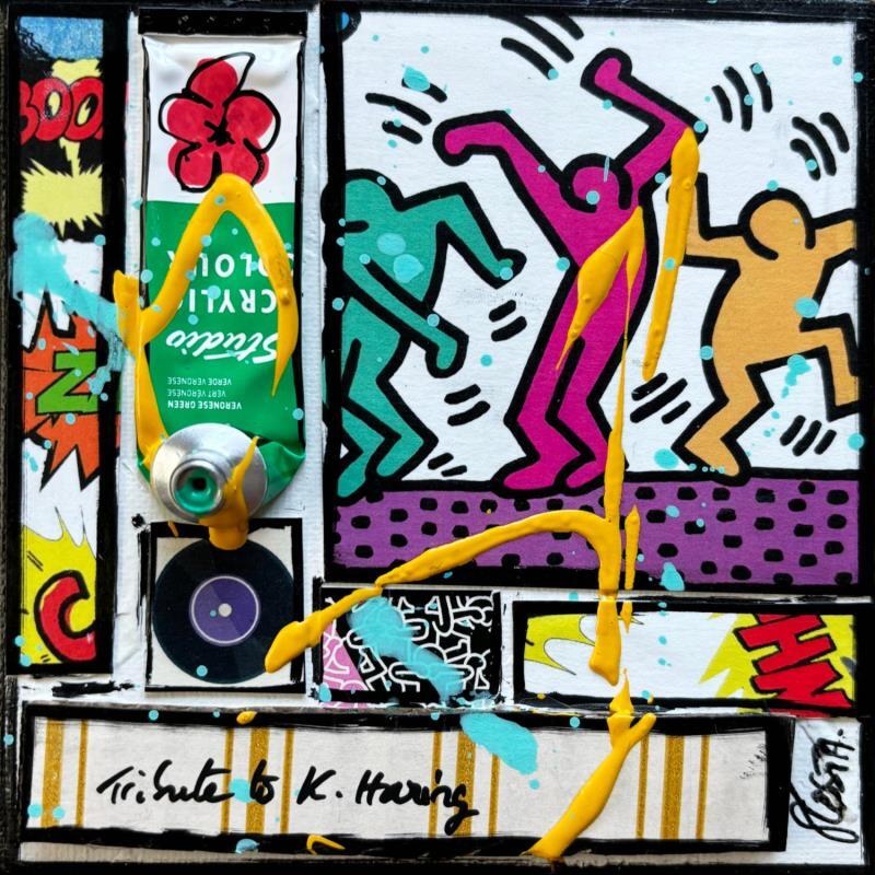 Painting Tribute to K.Haring 2 by Costa Sophie | Painting Pop-art Acrylic, Gluing, Upcycling Pop icons