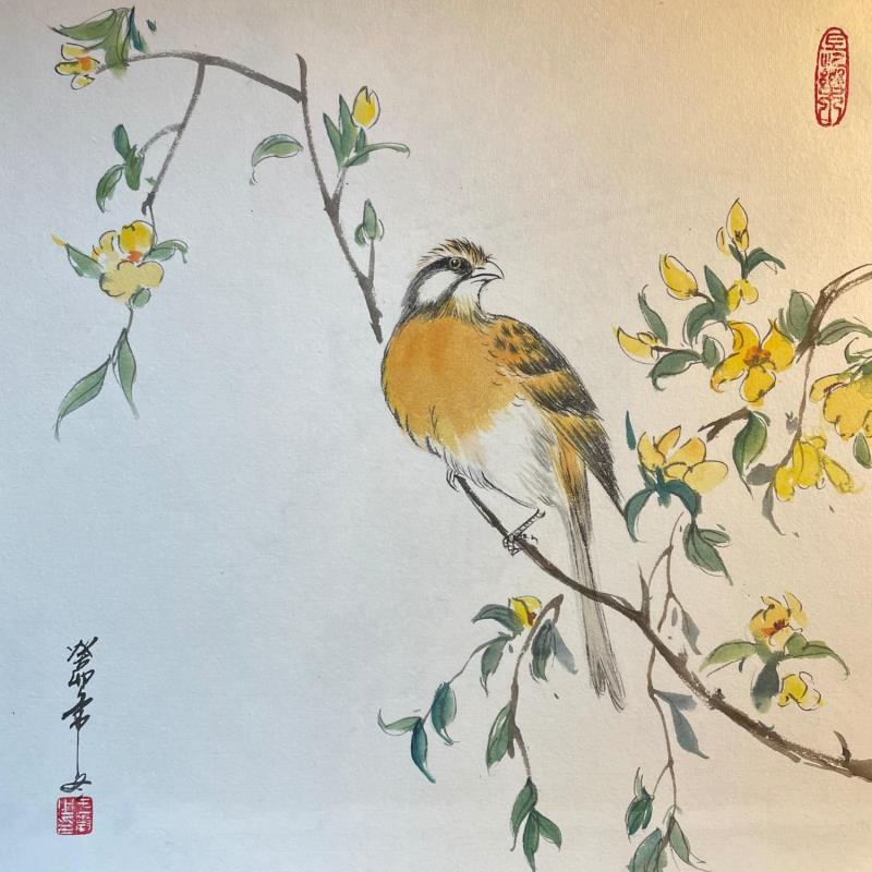 Gemälde Beauty with flowers von Yu Huan Huan | Gemälde Figurativ Natur Tiere Aquarell Tinte